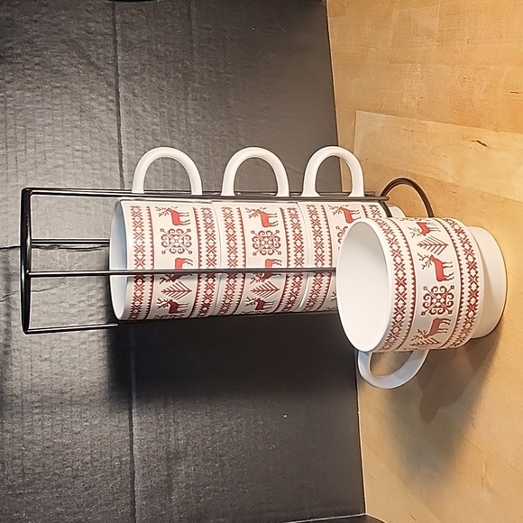 HOLLY & JOY Reindeer Sweater-Design Stacking White& Red Mugs +Black Metal Stand - Picture 2 of 9